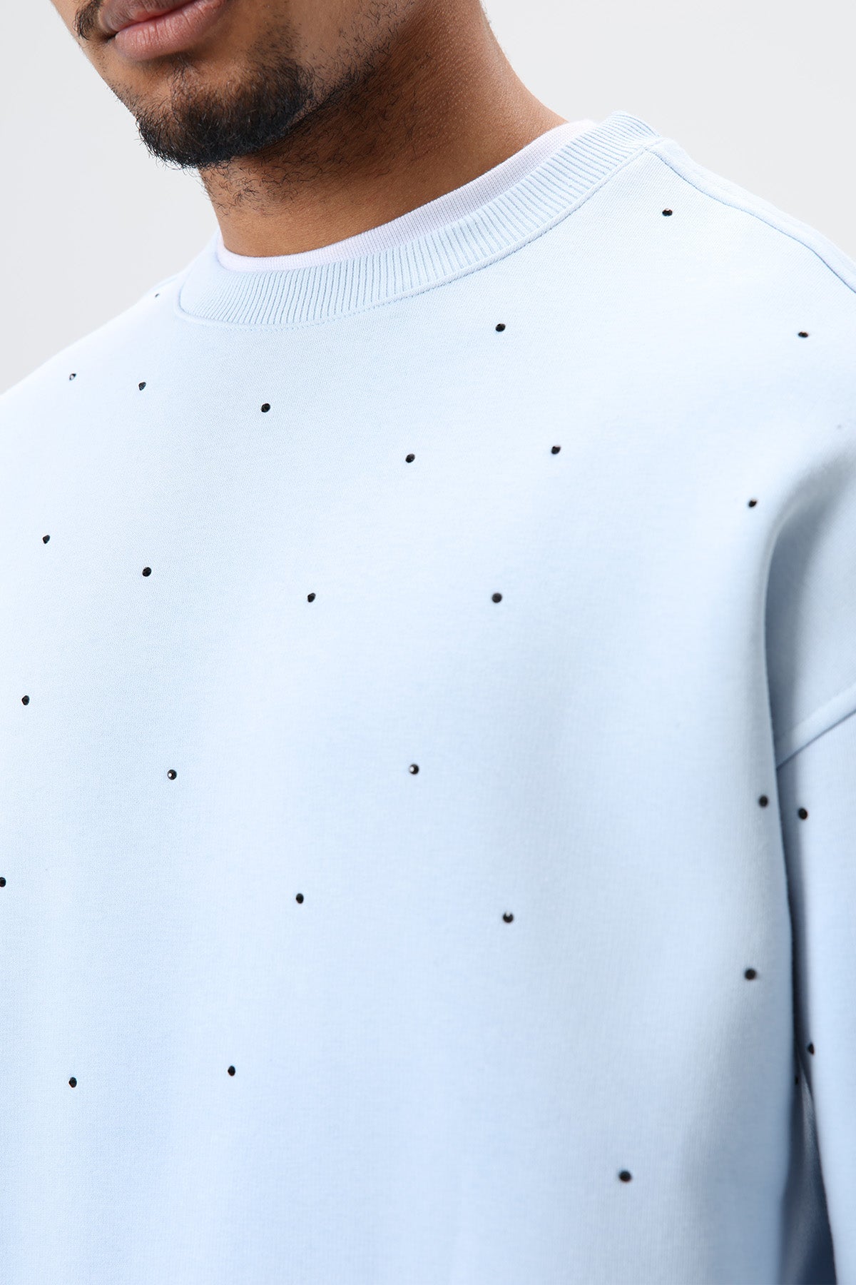 Yıkamalı Taş Detaylı Oversize Sweatshirt Bebe Mavi