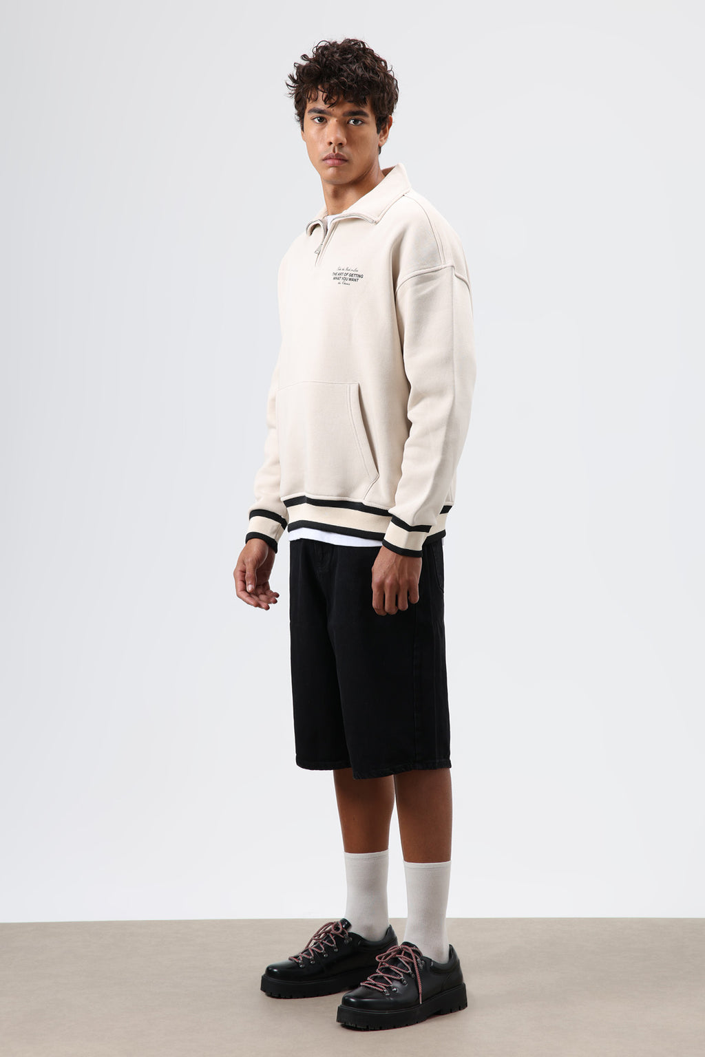 Oversize Polo Yaka Sweatshirt Taş