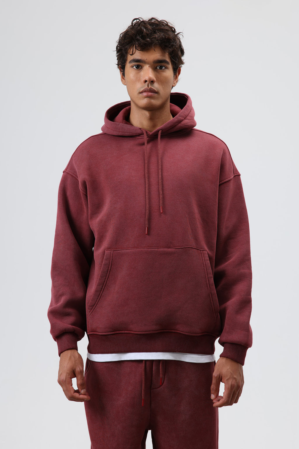Basic Oversize Yıkamalı Hoodie Bordo