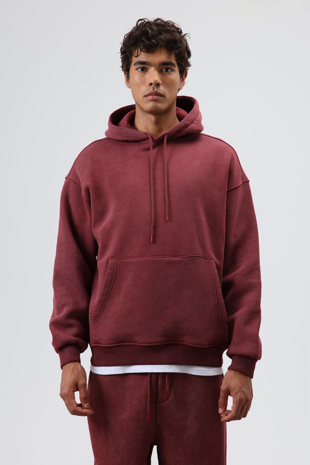 Basic Oversize Yıkamalı Hoodie Bordo
