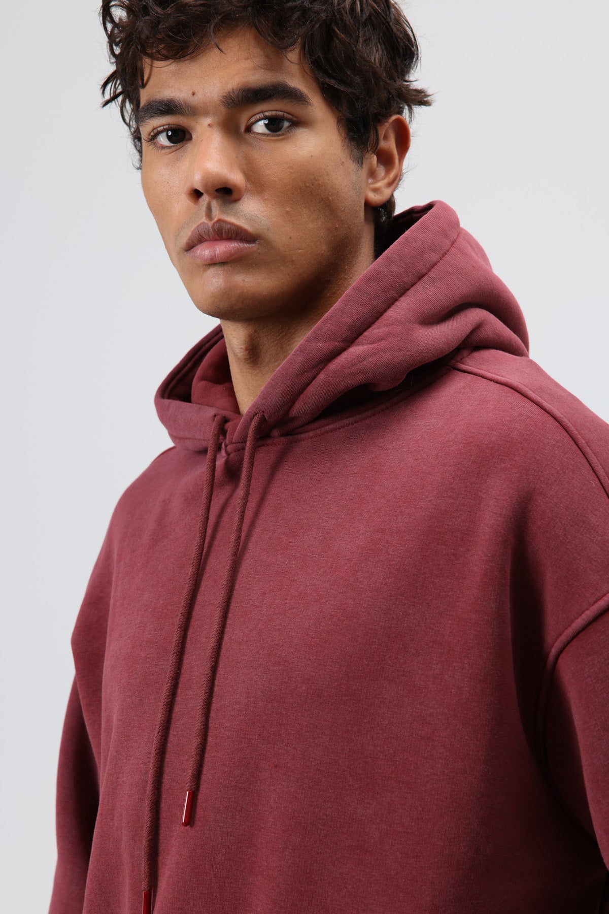 Basic Oversize Yıkamalı Hoodie Bordo