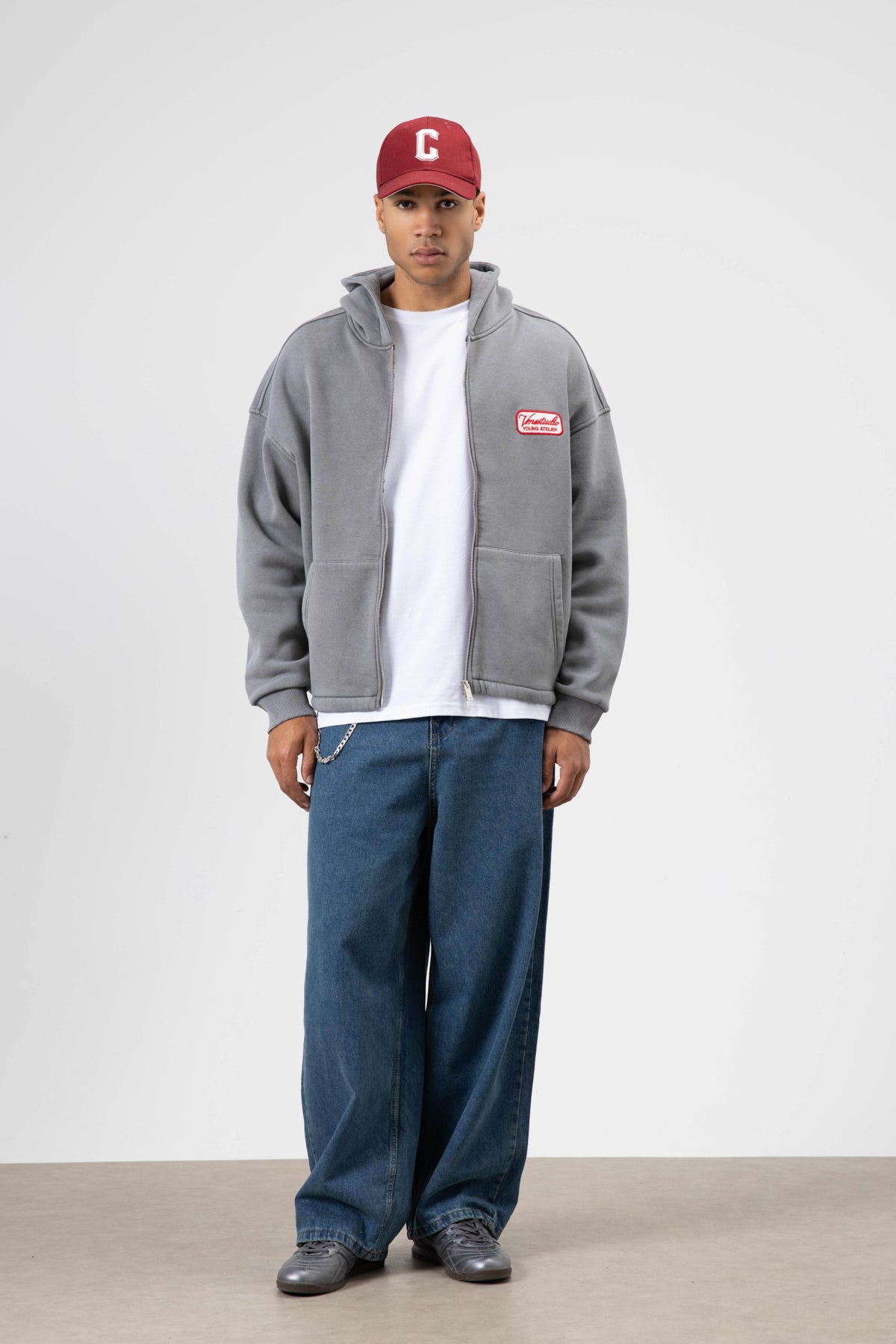 Oversize Fermuarlı Kapüşonlu Sweatshirt Füme