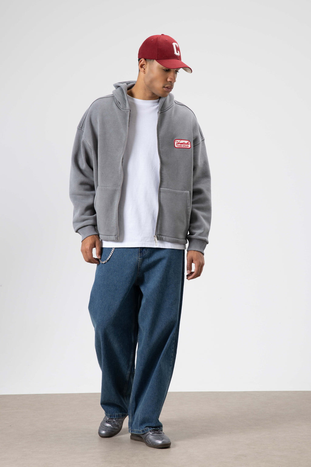 Oversize Fermuarlı Kapüşonlu Sweatshirt Füme