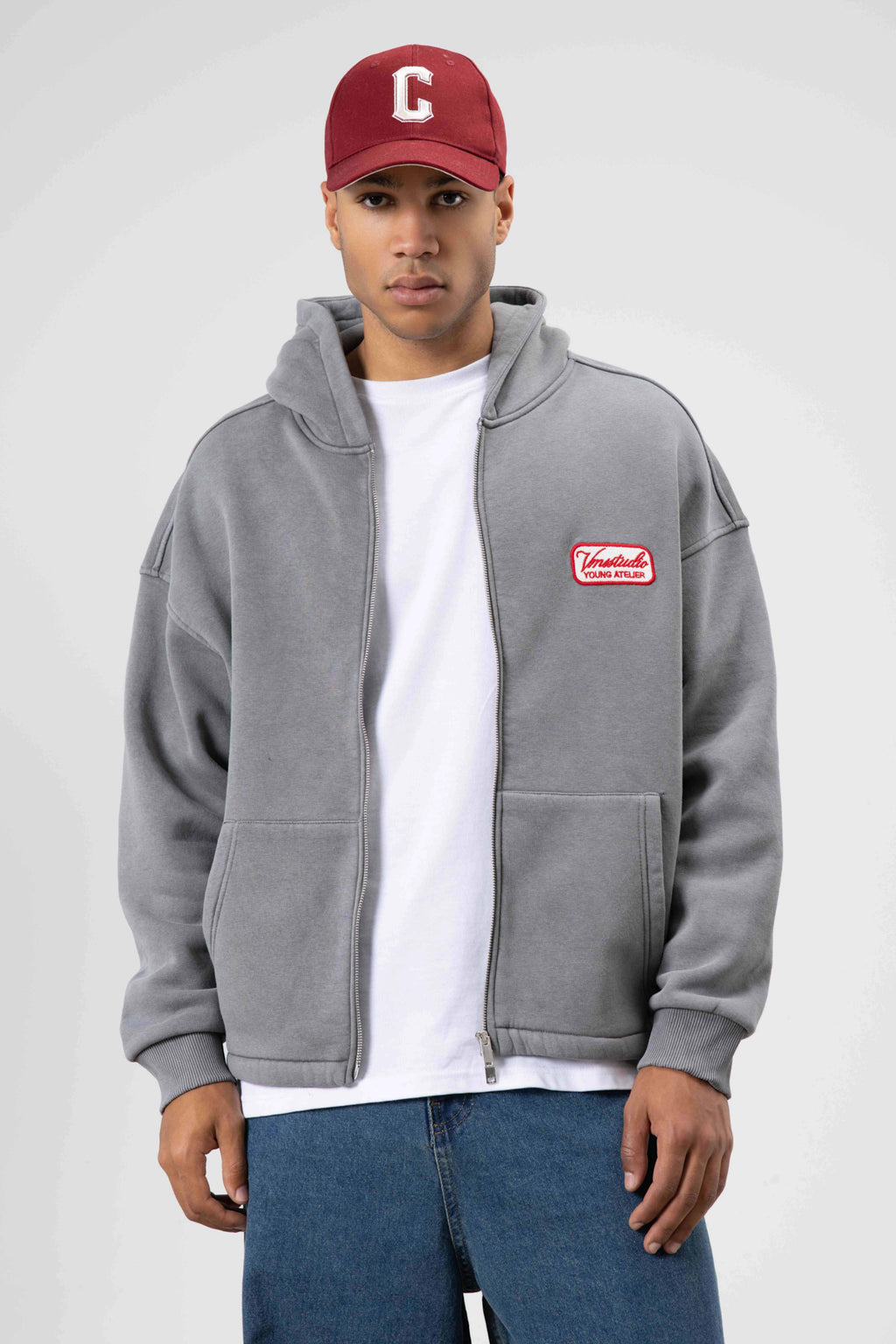 Oversize Fermuarlı Kapüşonlu Sweatshirt Füme