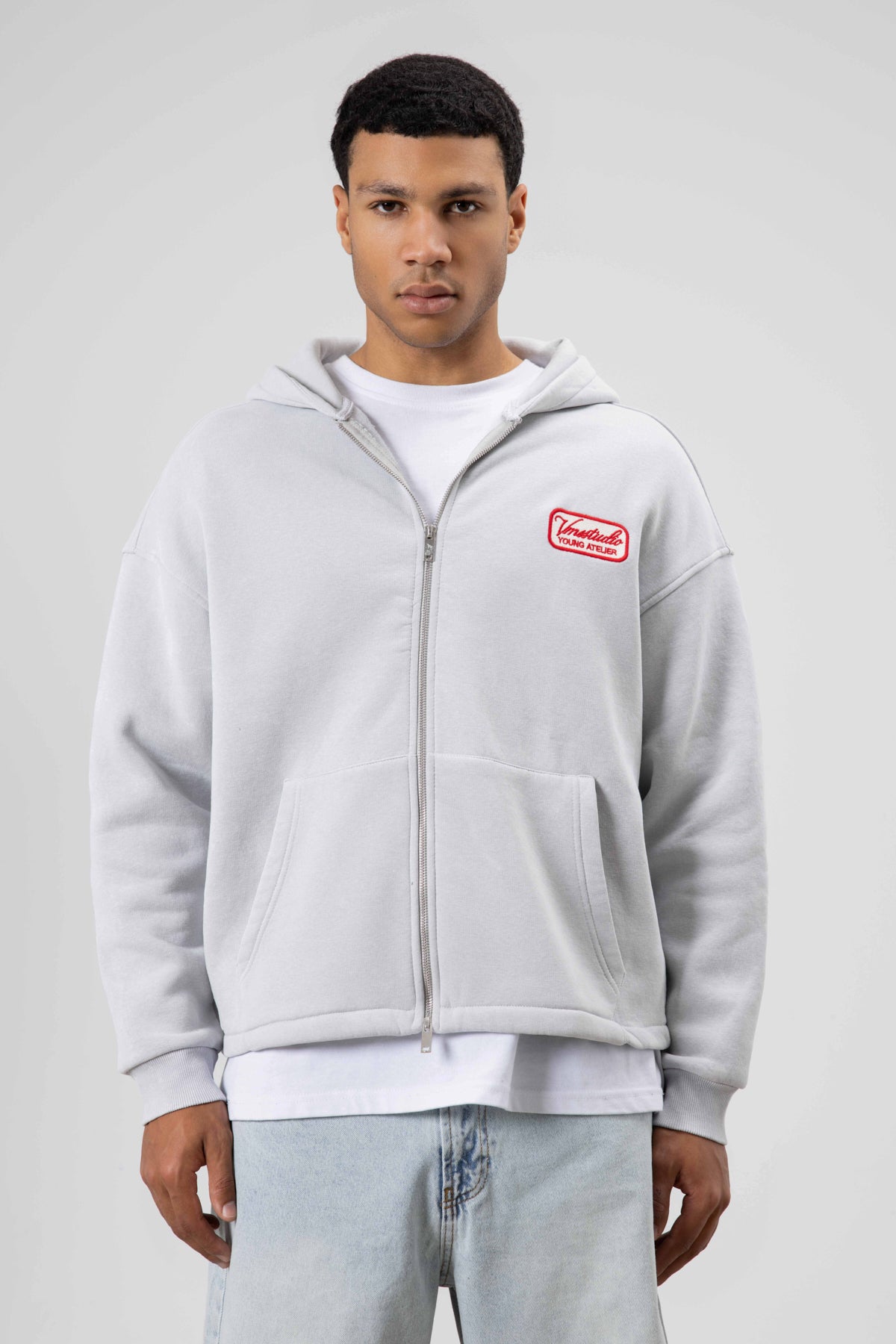 Oversize Fermuarlı Kapüşonlu Sweatshirt Açık Gri