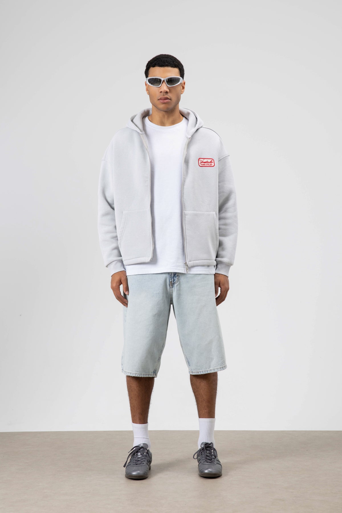 Oversize Fermuarlı Kapüşonlu Sweatshirt Açık Gri