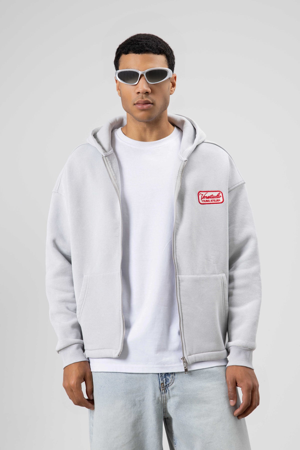 Oversize Fermuarlı Kapüşonlu Sweatshirt Açık Gri