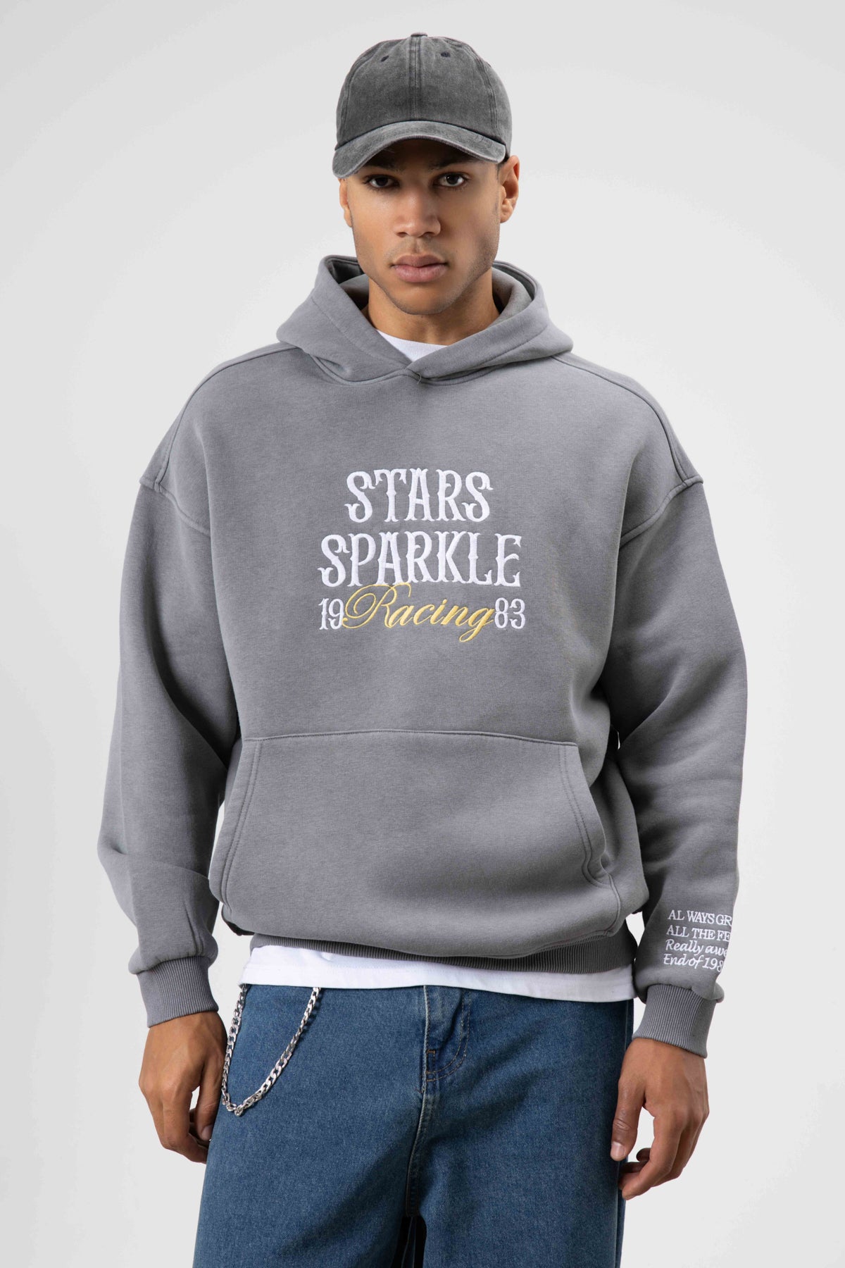 Oversize Nakış BaskılıKapüşonlu Sweatshirt Füme