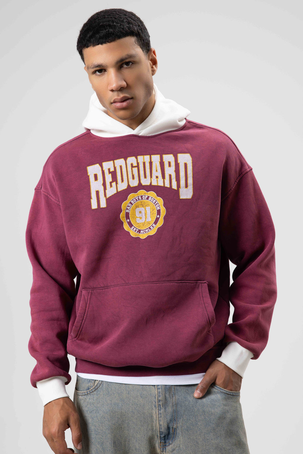 Oversize Baskılı Kapüşonlu Sweatshirt Bordo