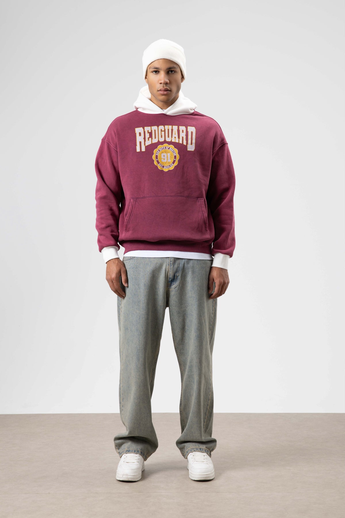 Oversize Baskılı Kapüşonlu Sweatshirt Bordo