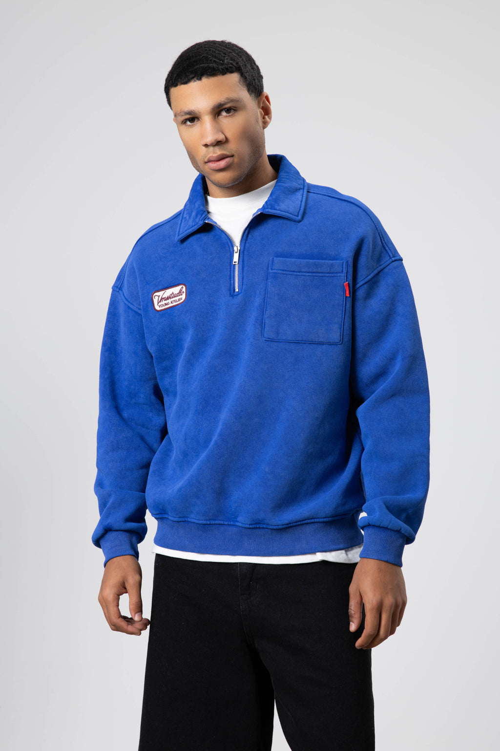 Yaka Fermuarlı Oversize Baskılı Sweatshirt Saks