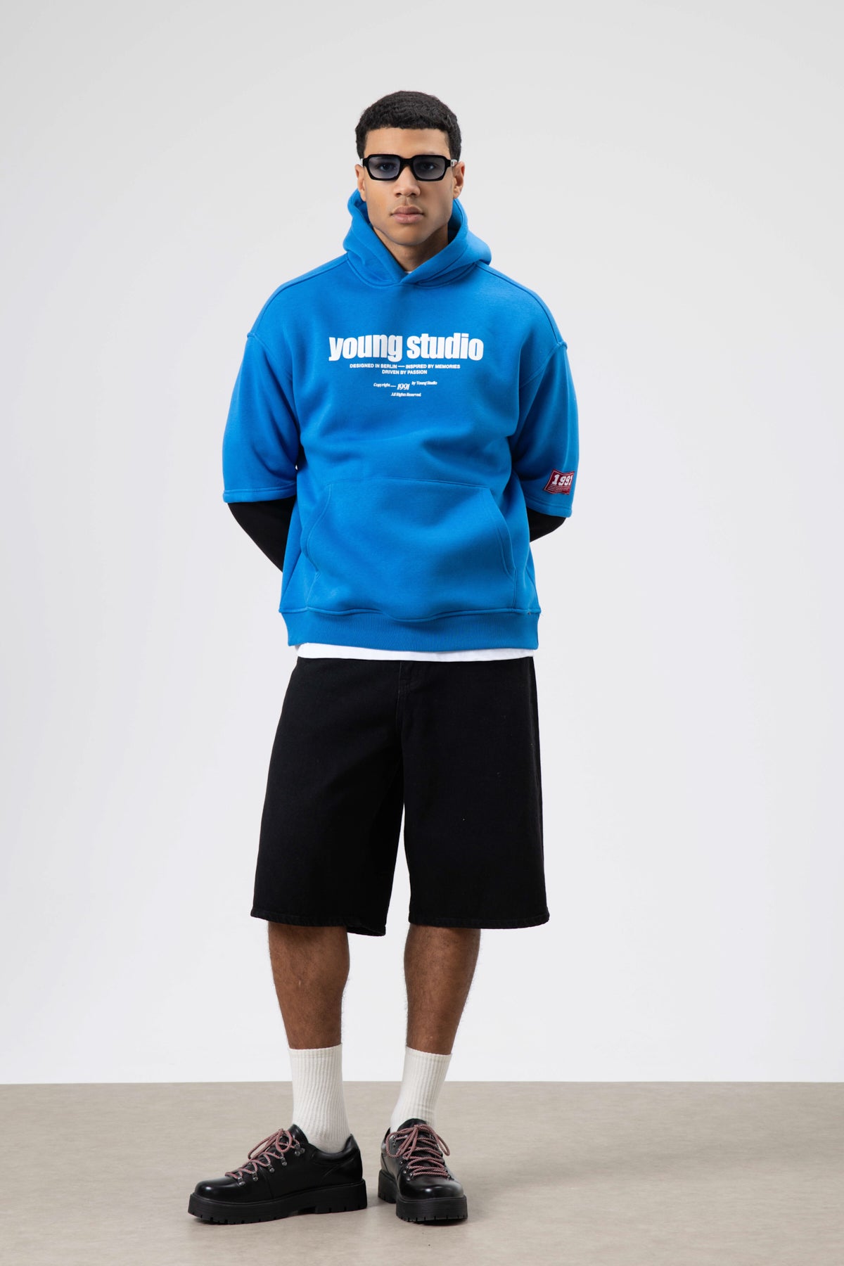 Oversize Baskılı Kapüşonlu Sweatshirt Turkuaz