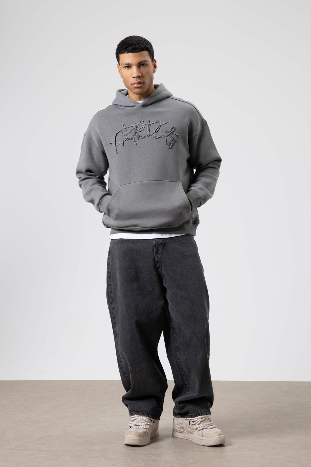 Oversize Baskılı Kapüşonlu Sweatshirt Füme