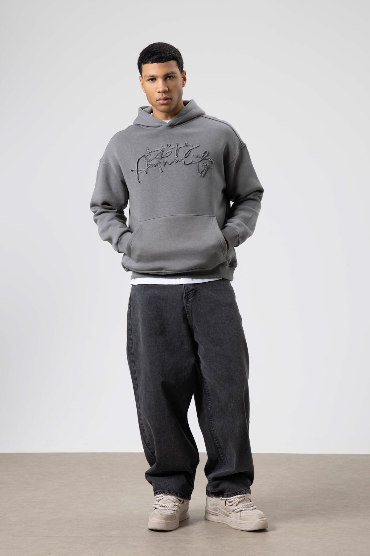 Oversize Baskılı Kapüşonlu Sweatshirt Füme