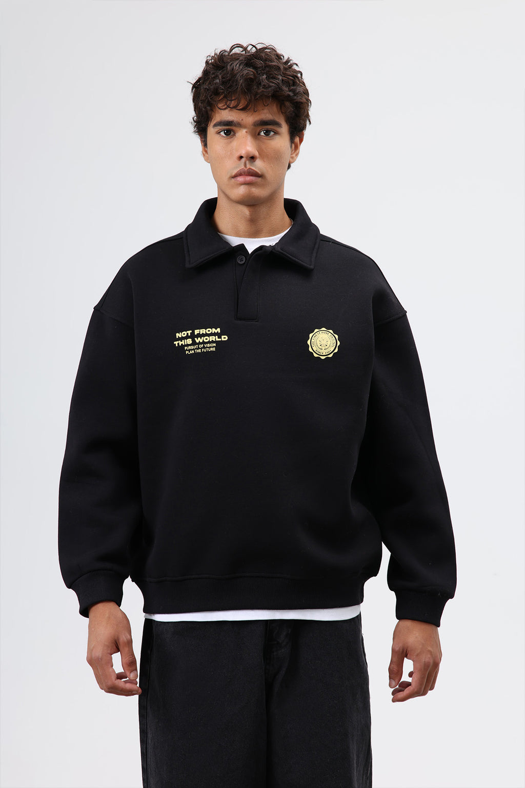 Polo Yaka Oversize Baskılı Yıkamalı Sweatshirt Siyah