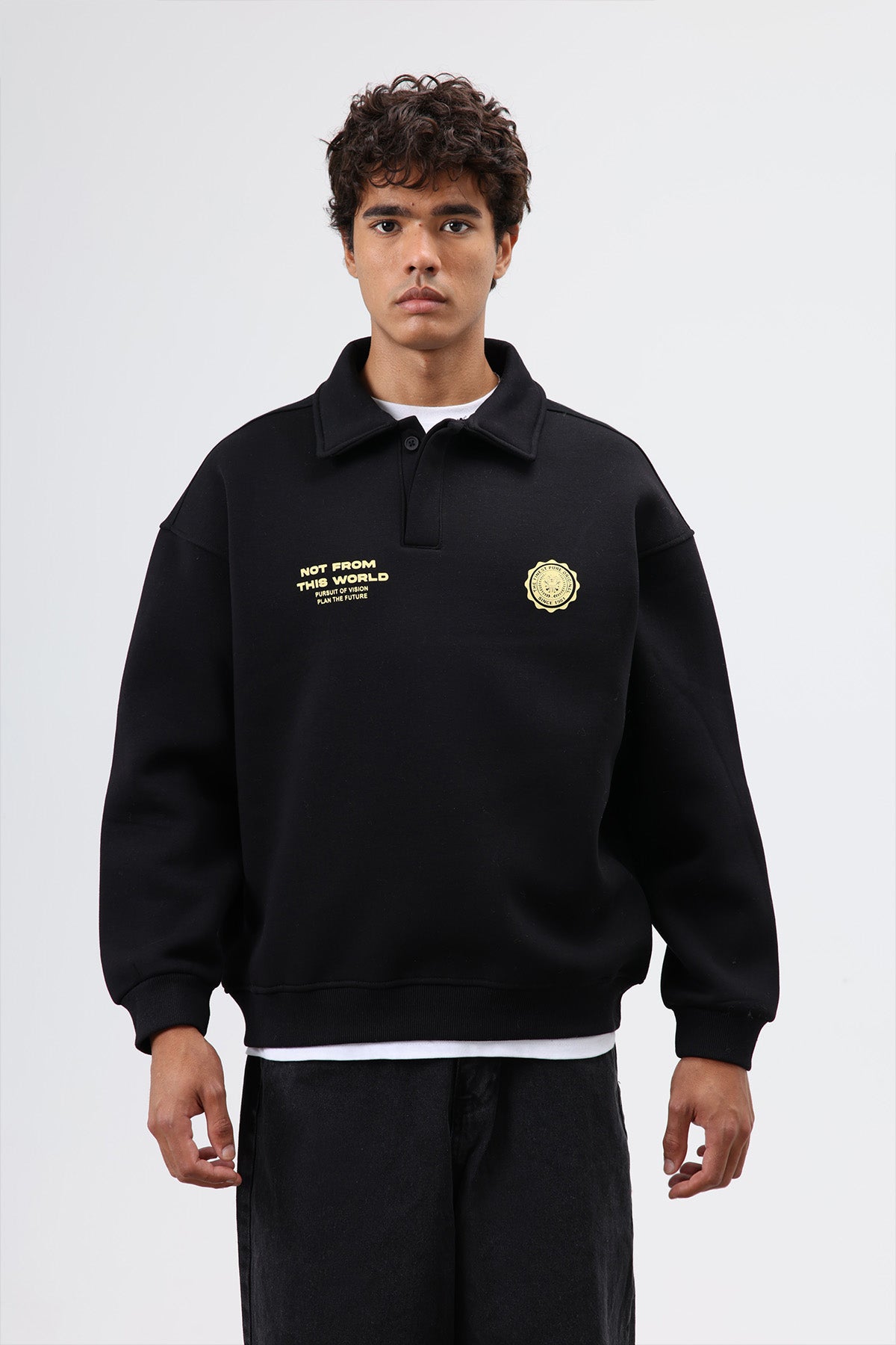 Polo Yaka Oversize Baskılı Yıkamalı Sweatshirt Siyah