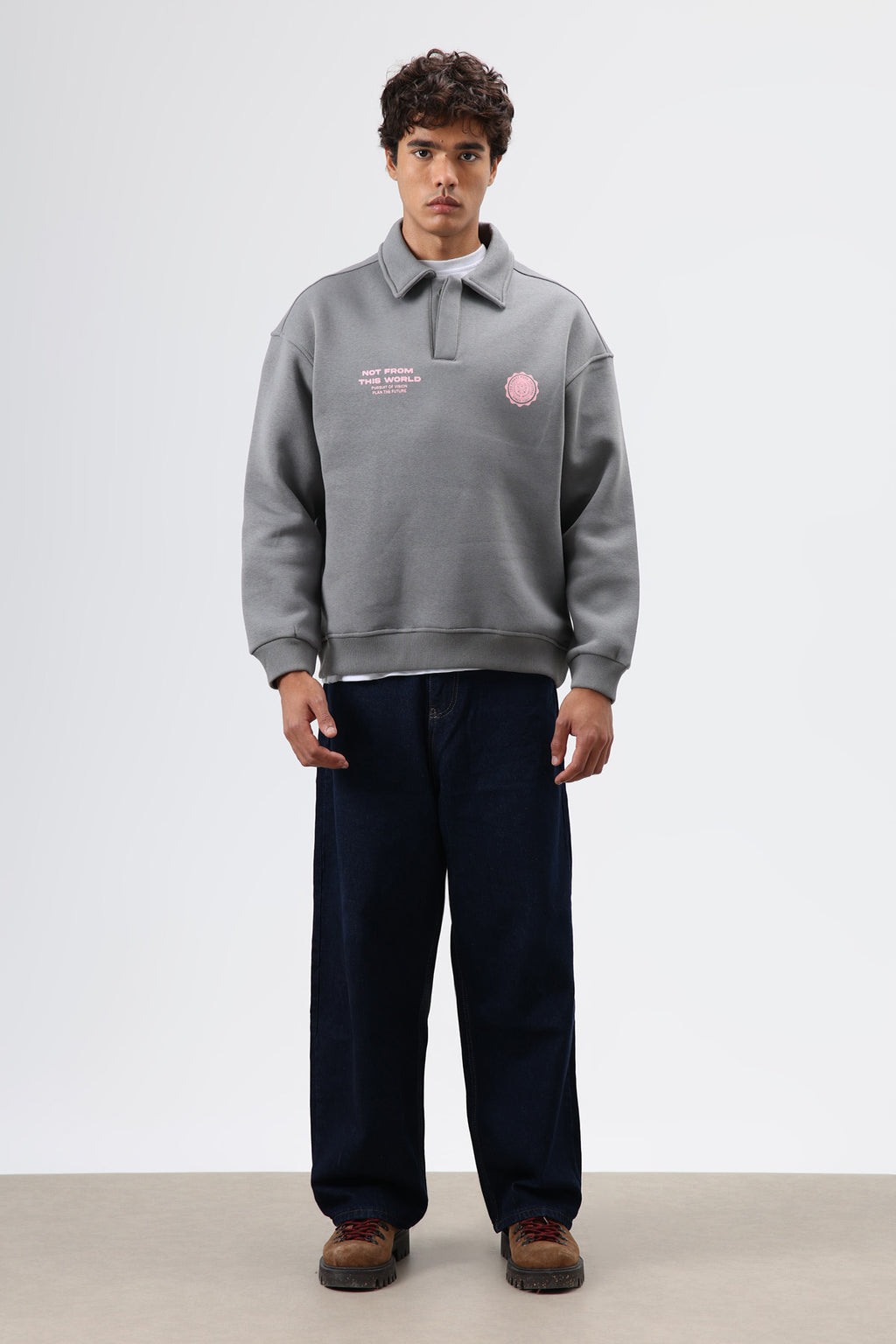 Polo Yaka Oversize Baskılı Yıkamalı Sweatshirt Füme