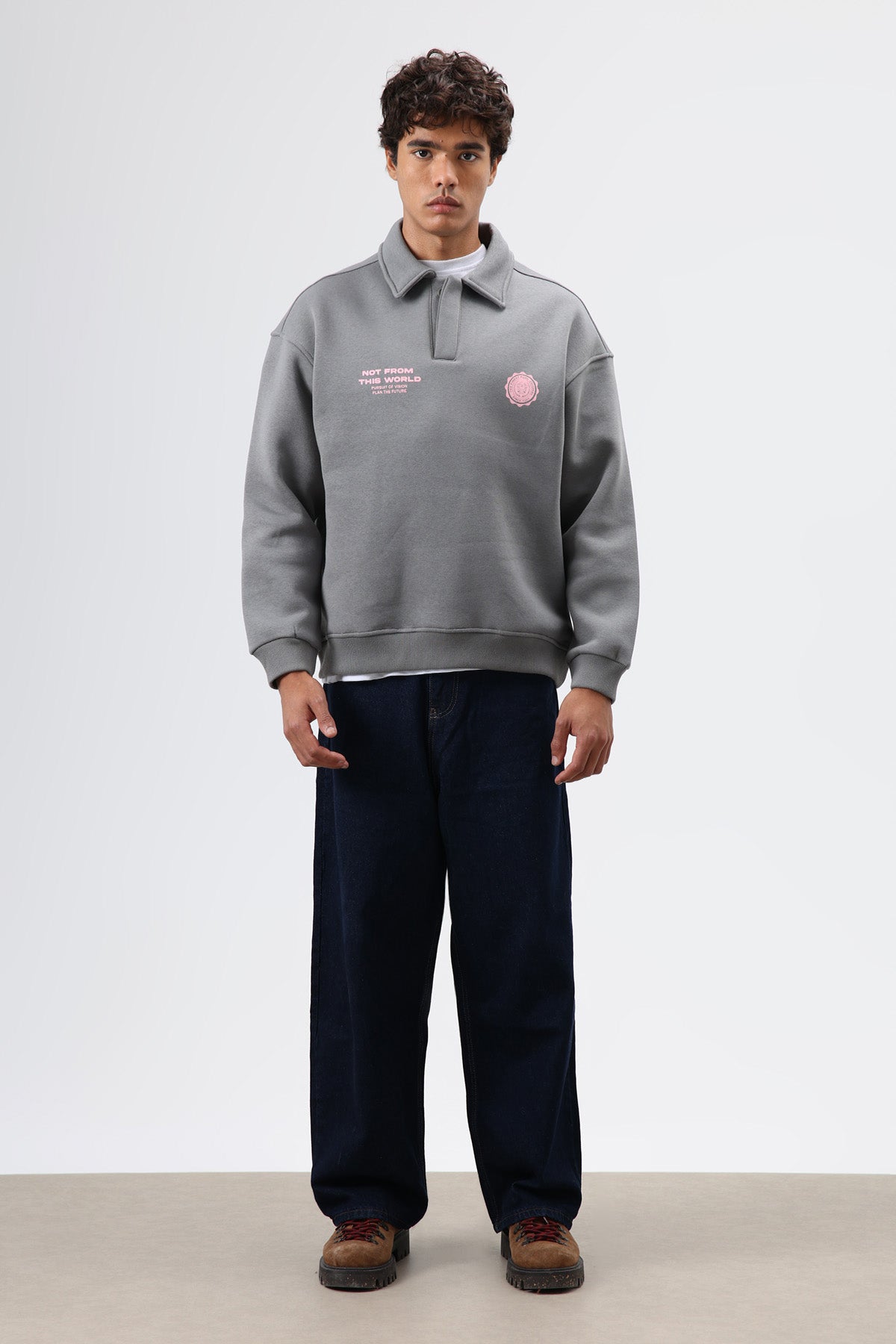 Polo Yaka Oversize Baskılı Yıkamalı Sweatshirt Füme
