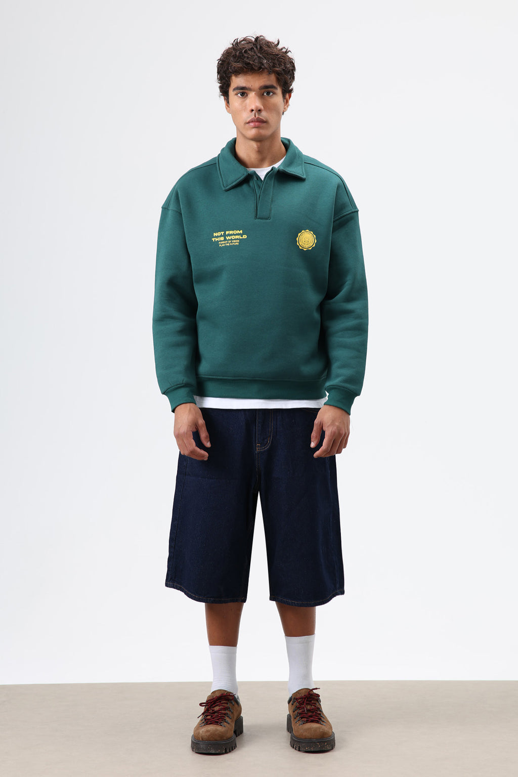Polo Yaka Oversize Baskılı Yıkamalı Sweatshirt Nefti