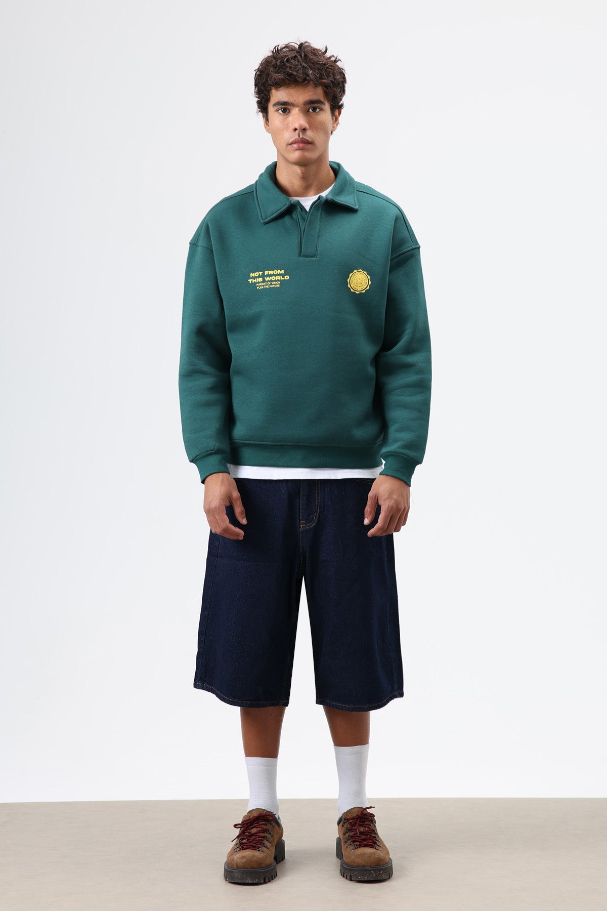 Polo Yaka Oversize Baskılı Yıkamalı Sweatshirt Nefti