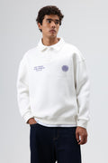 Polo Yaka Oversize Baskılı Yıkamalı Sweatshirt Ekru