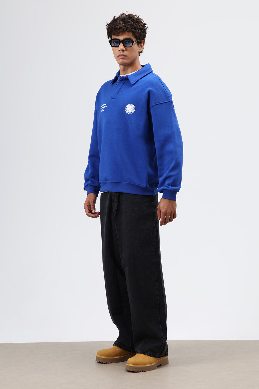 Polo Yaka Oversize Baskılı Yıkamalı Sweatshirt Ekru