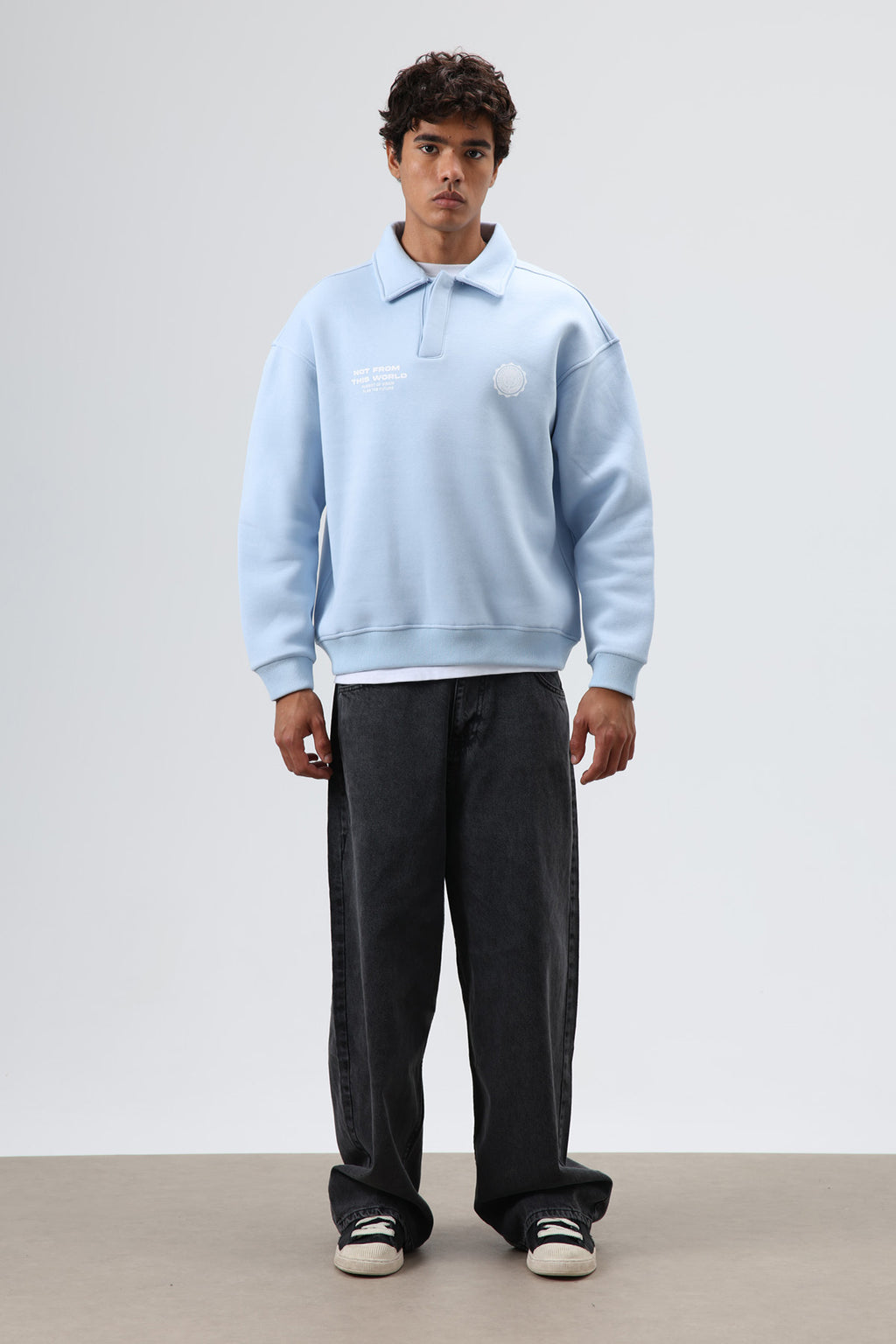Polo Yaka Oversize Baskılı Yıkamalı Sweatshirt Bebe Mavi