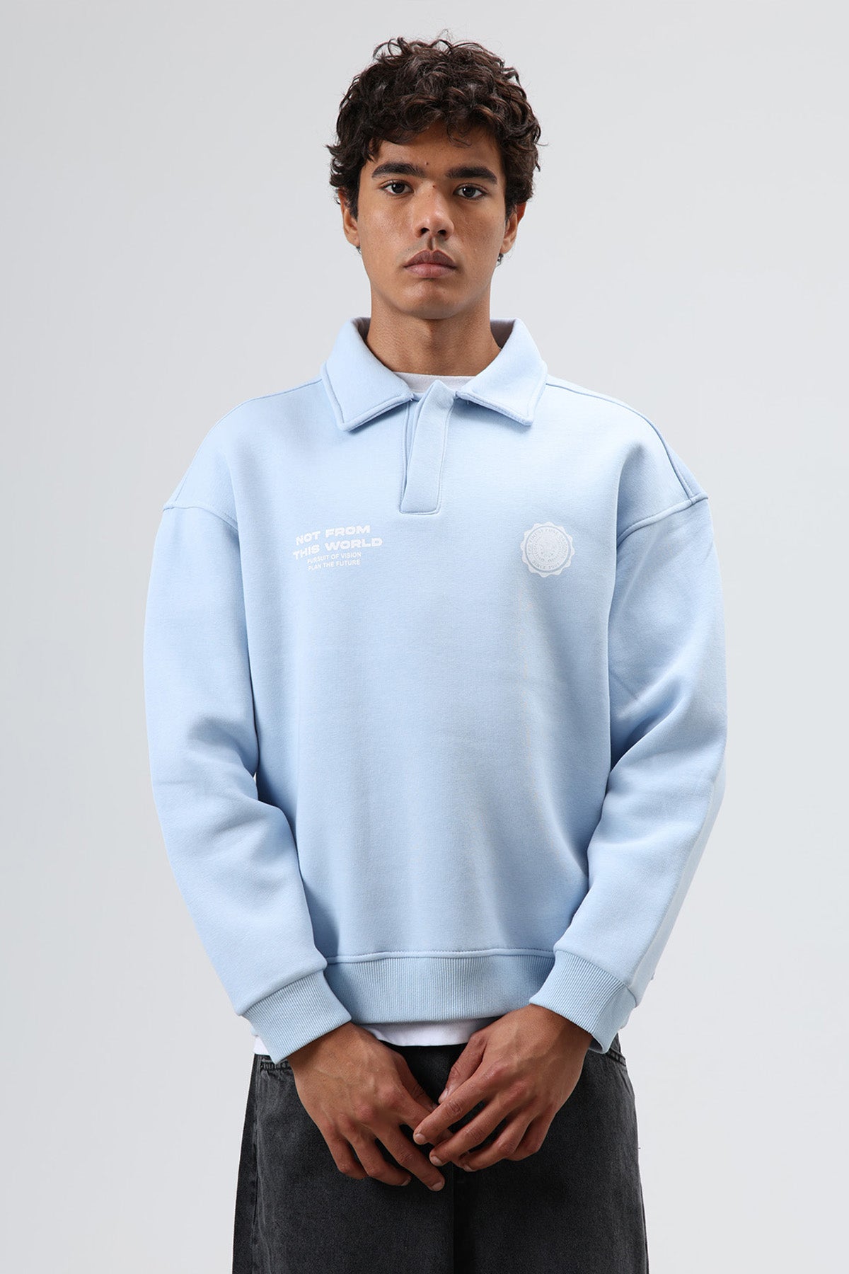 Polo Yaka Oversize Baskılı Yıkamalı Sweatshirt Bebe Mavi