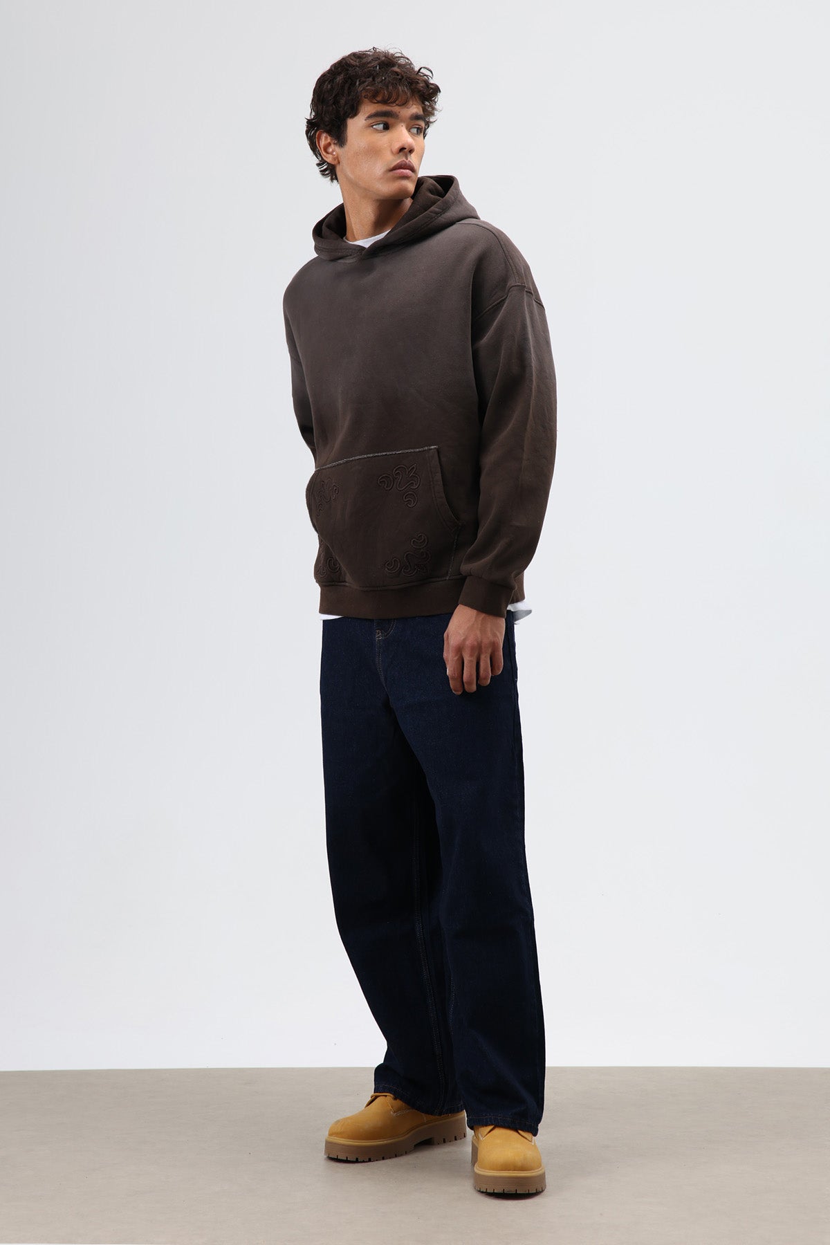 Oversize Nakış Detaylı Hoodie Kahve