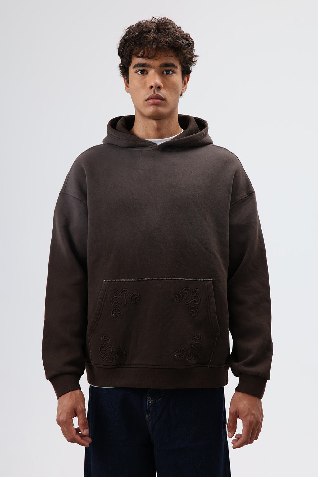 Oversize Nakış Detaylı Hoodie Kahve