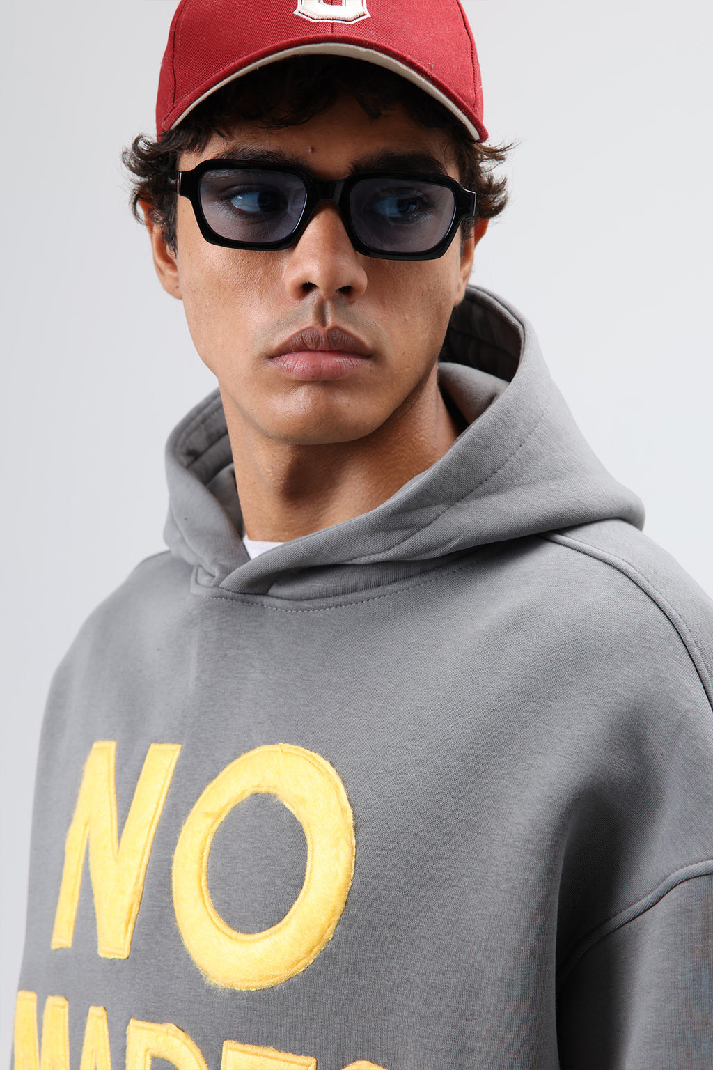 Oversize Baskılı Kapüşonlu Sweatshirt Füme