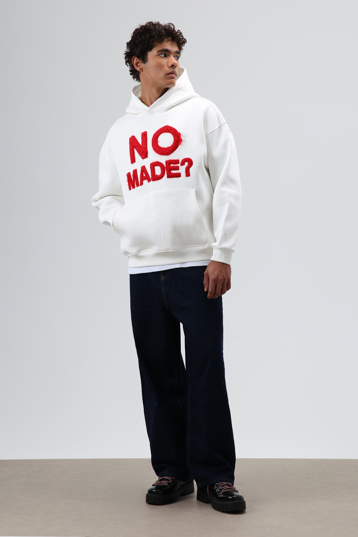 Oversize Baskılı Kapüşonlu Sweatshirt Ekru
