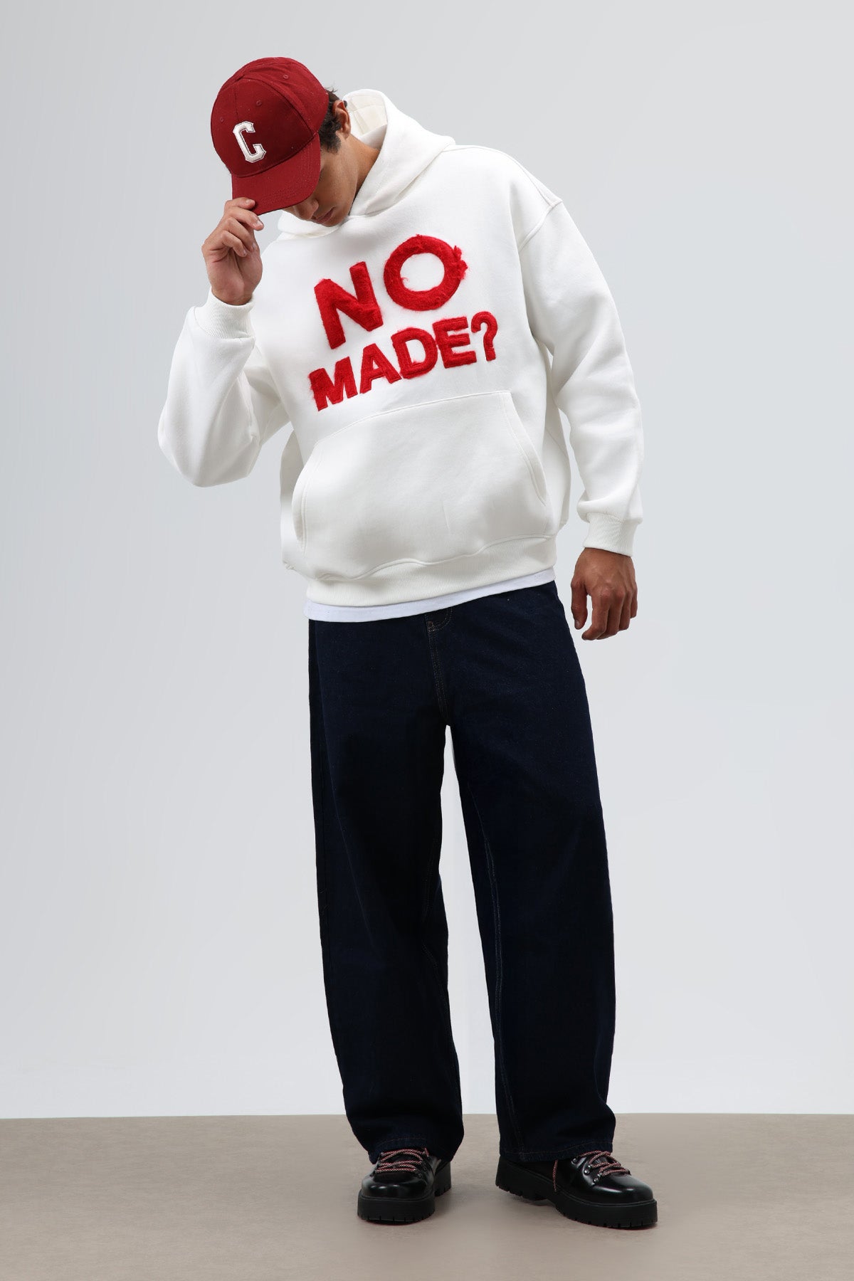 Oversize Baskılı Kapüşonlu Sweatshirt Ekru