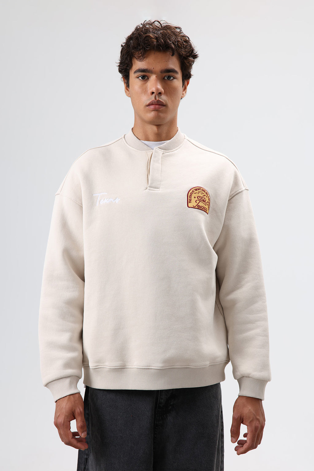 Oversize Bisiklet Yaka Baskılı Sweatshirt Taş