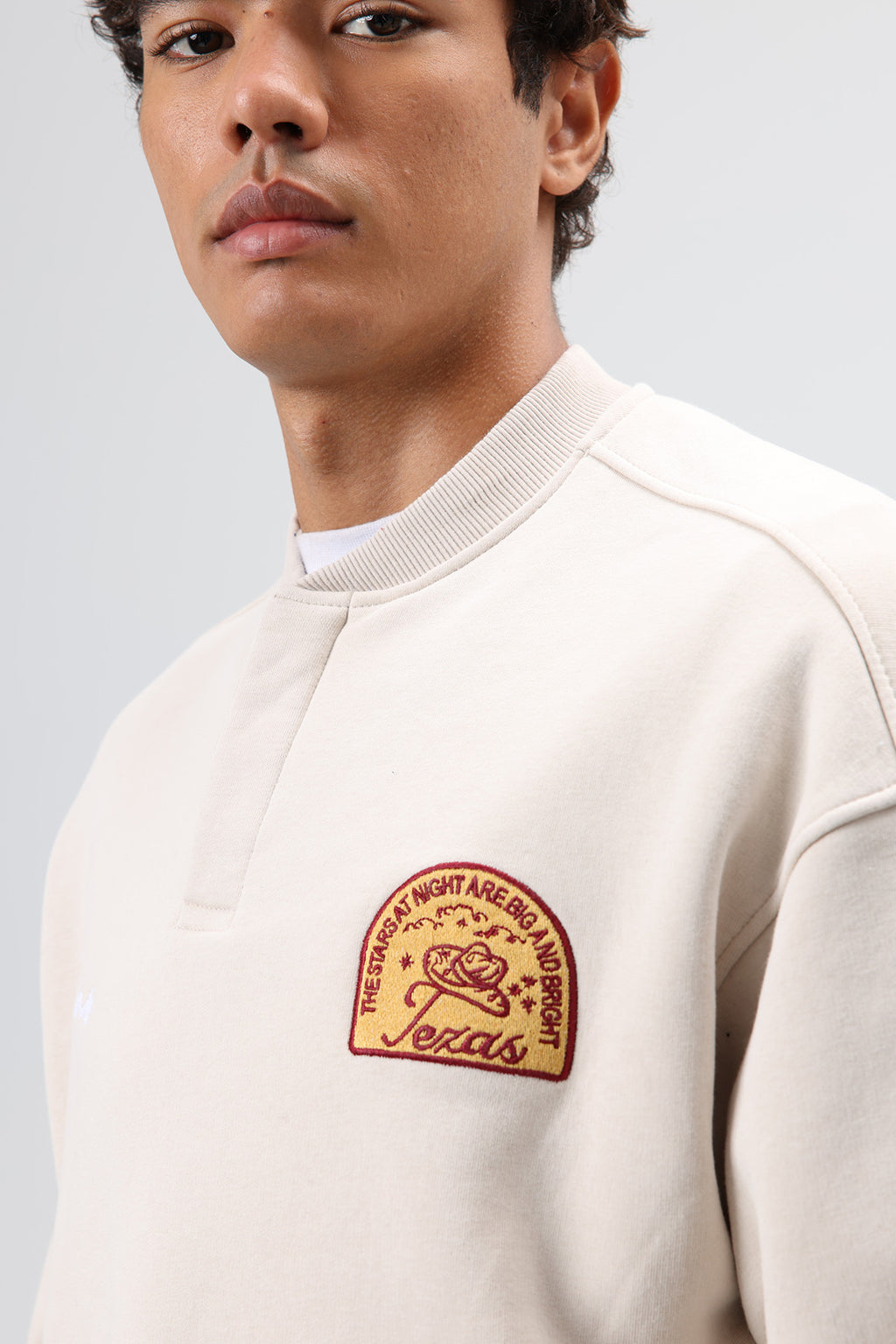 Oversize Bisiklet Yaka Baskılı Sweatshirt Taş