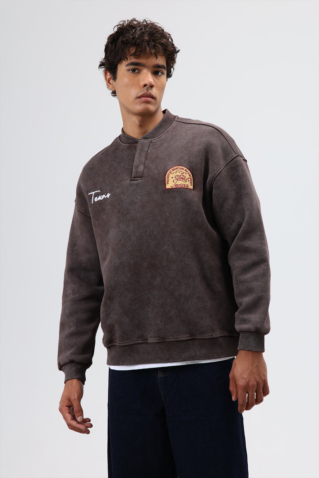 Oversize Bisiklet Yaka Baskılı Sweatshirt Kahve