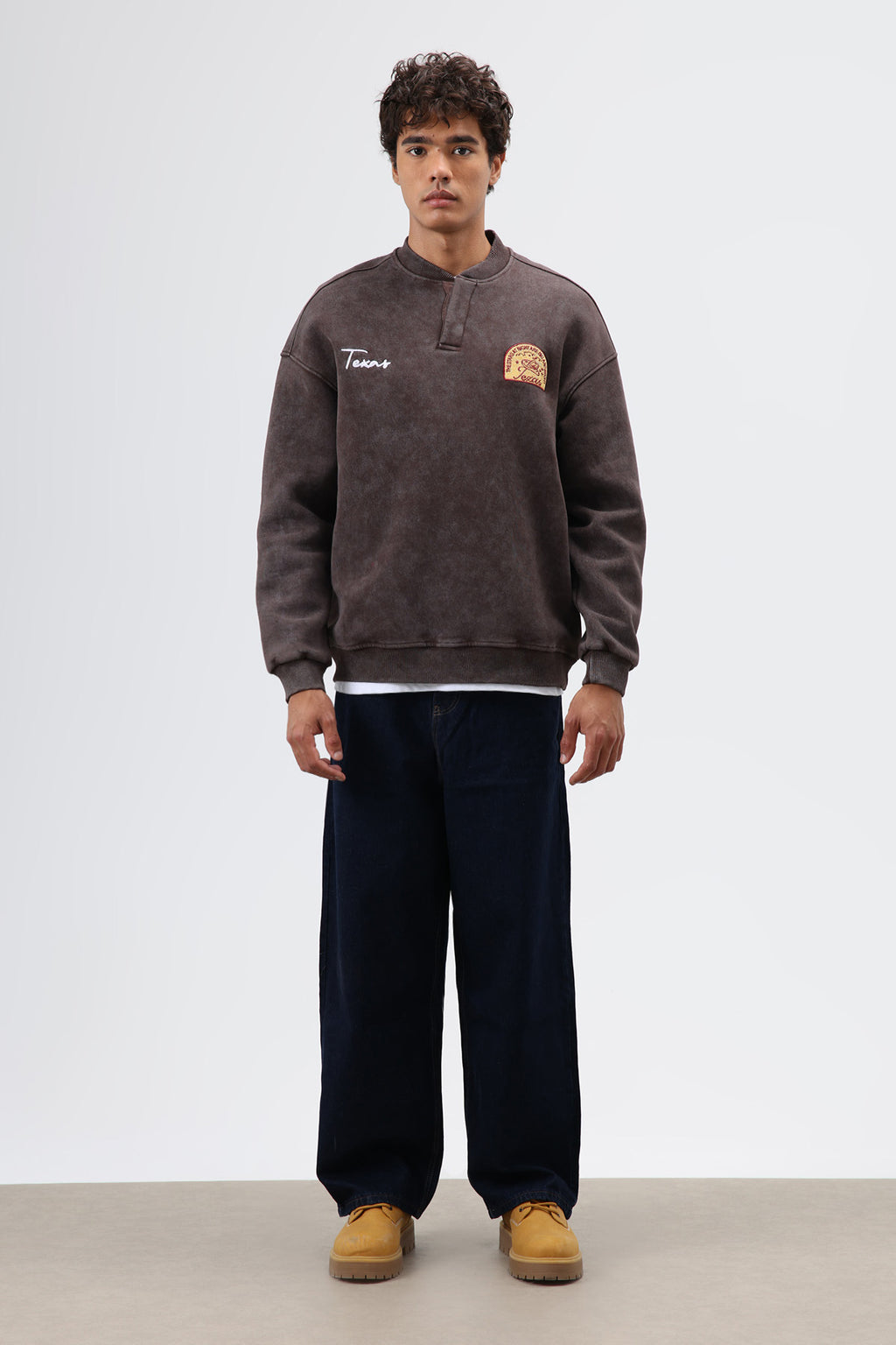 Oversize Bisiklet Yaka Baskılı Sweatshirt Kahve