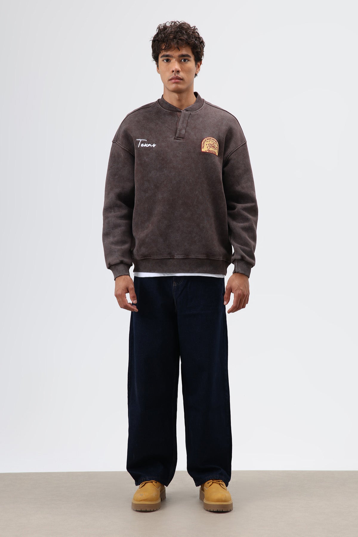 Oversize Bisiklet Yaka Baskılı Sweatshirt Kahve
