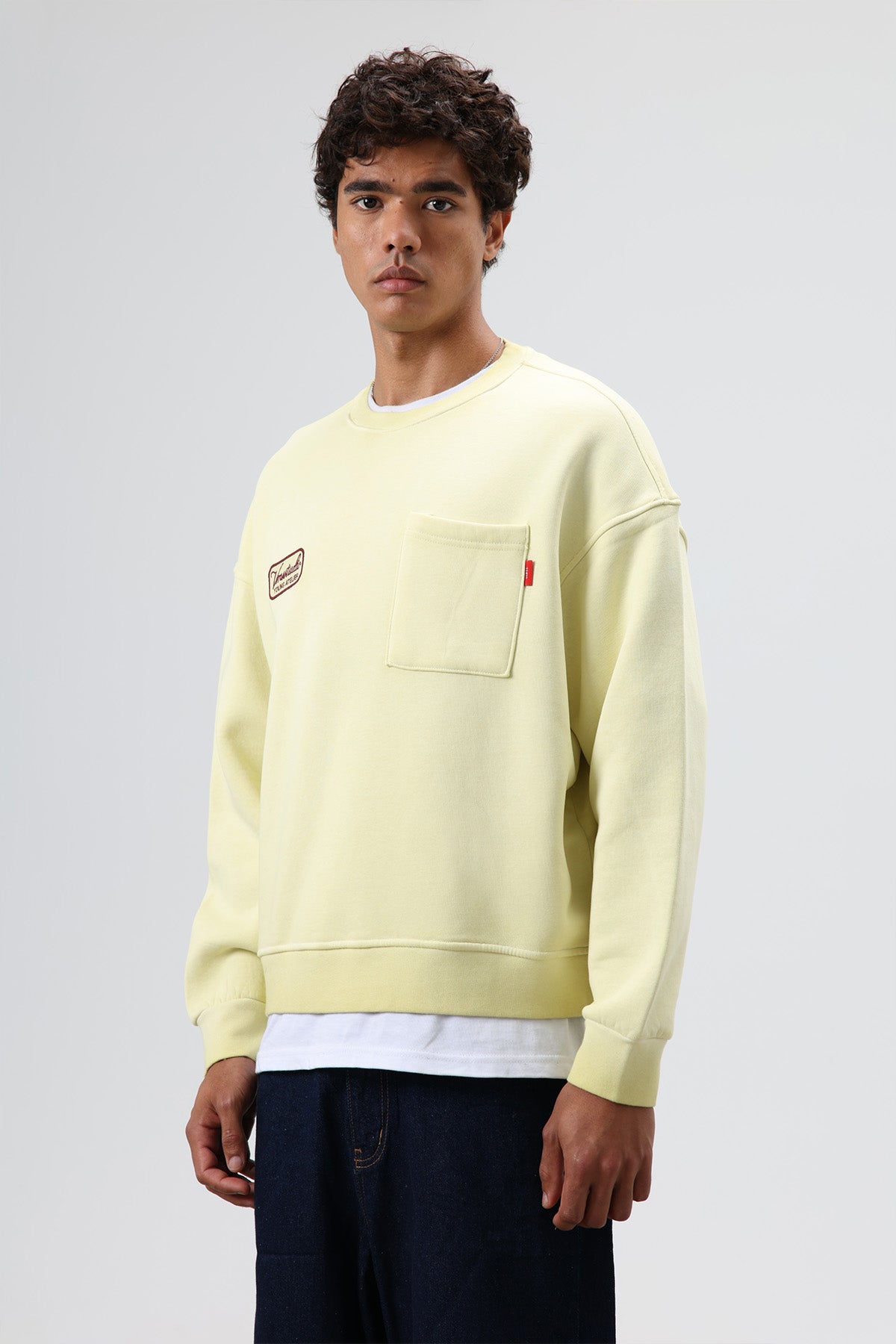 Oversize Bisiklet Yaka Cepli Sweatshirt Sarı