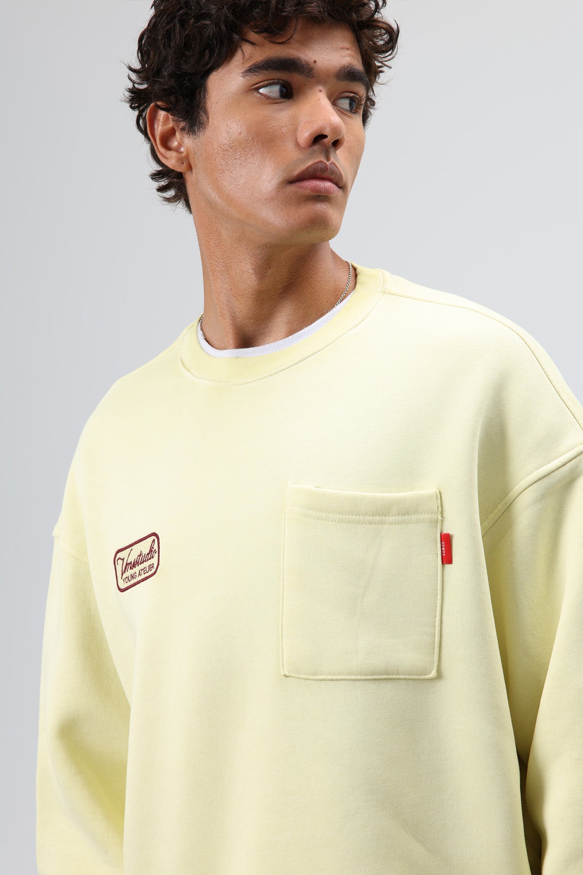 Oversize Bisiklet Yaka Cepli Sweatshirt Sarı