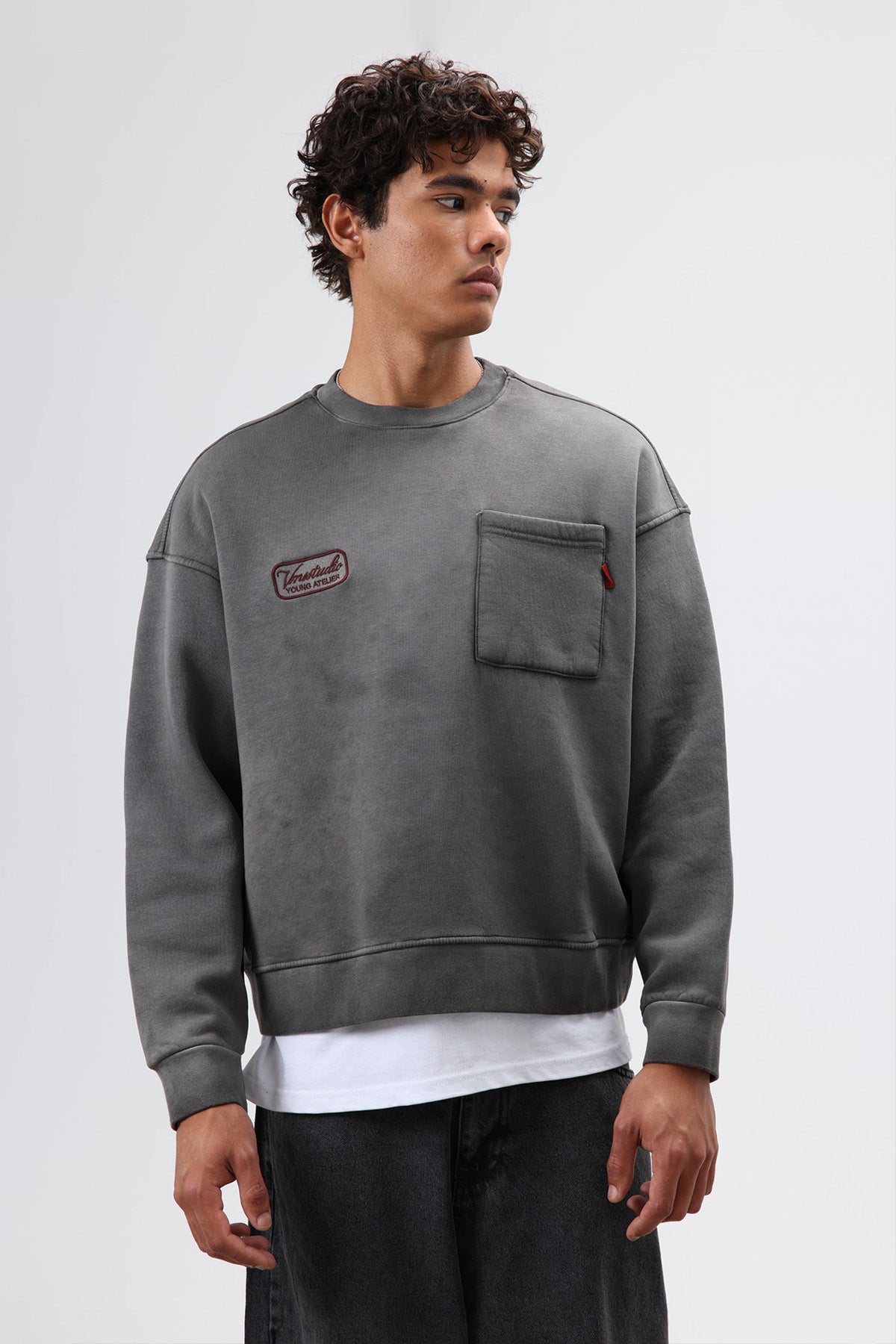 Oversize Bisiklet Yaka Cepli Sweatshirt Siyah