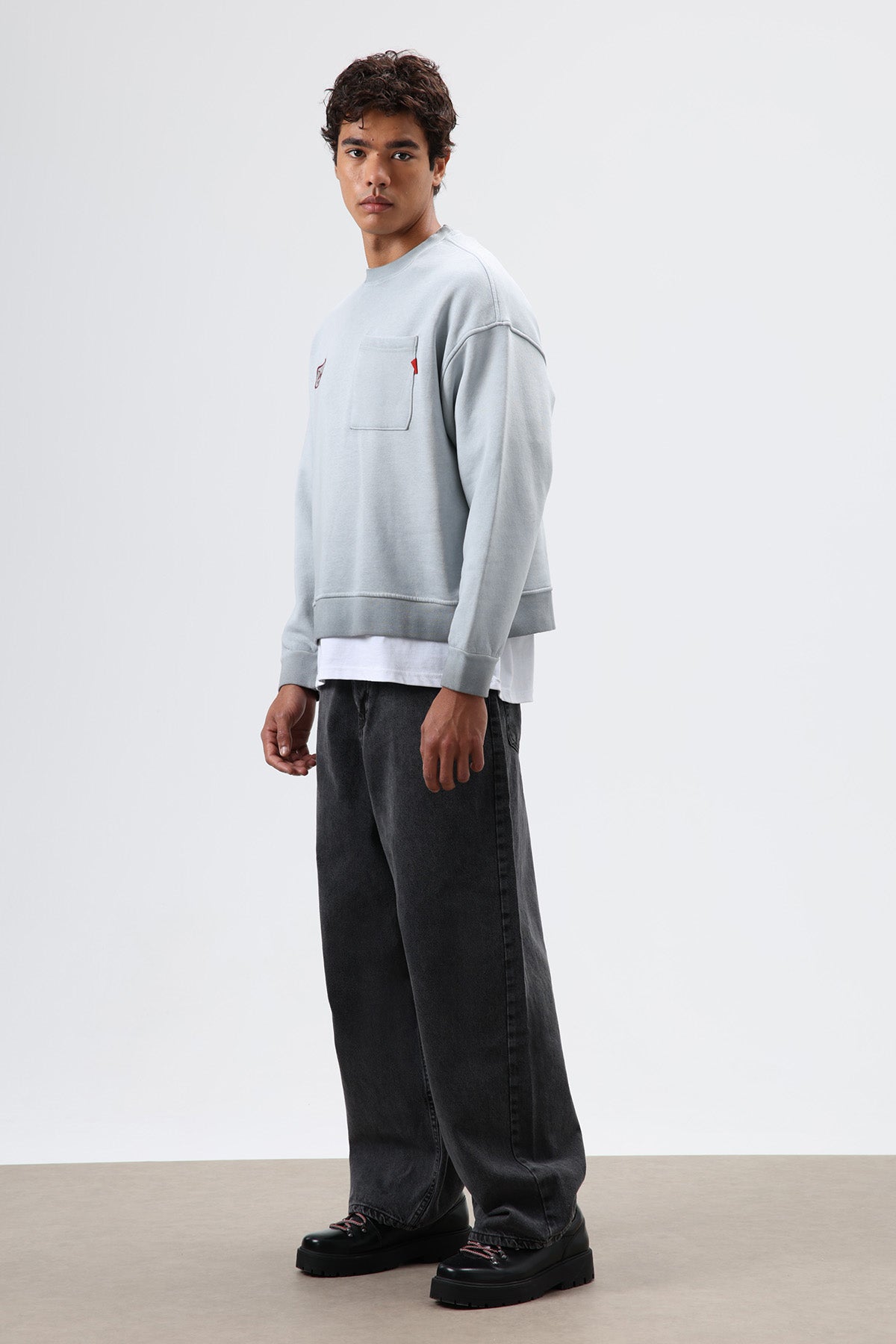Oversize Bisiklet Yaka Cepli Sweatshirt Gri