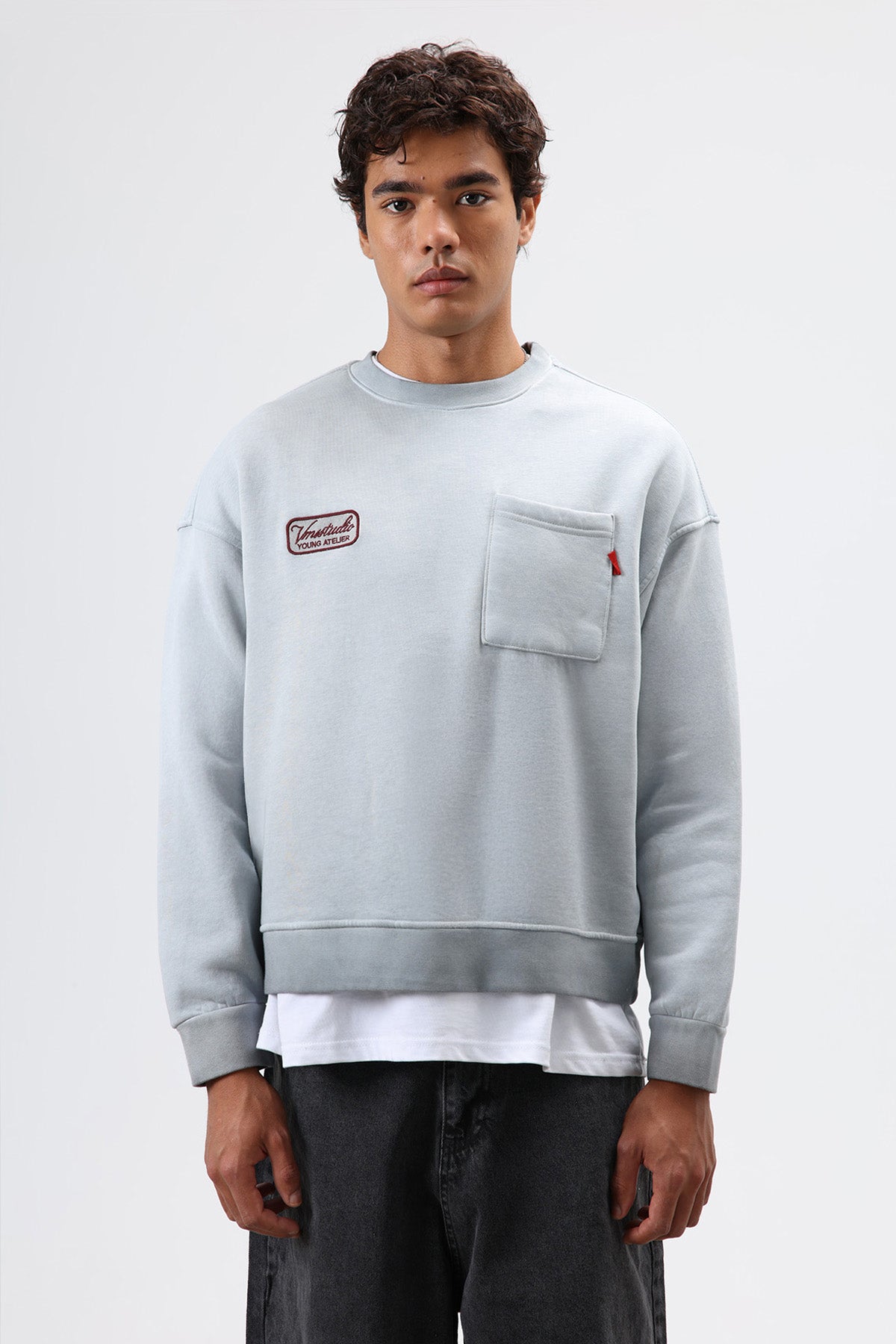 Oversize Bisiklet Yaka Cepli Sweatshirt Gri