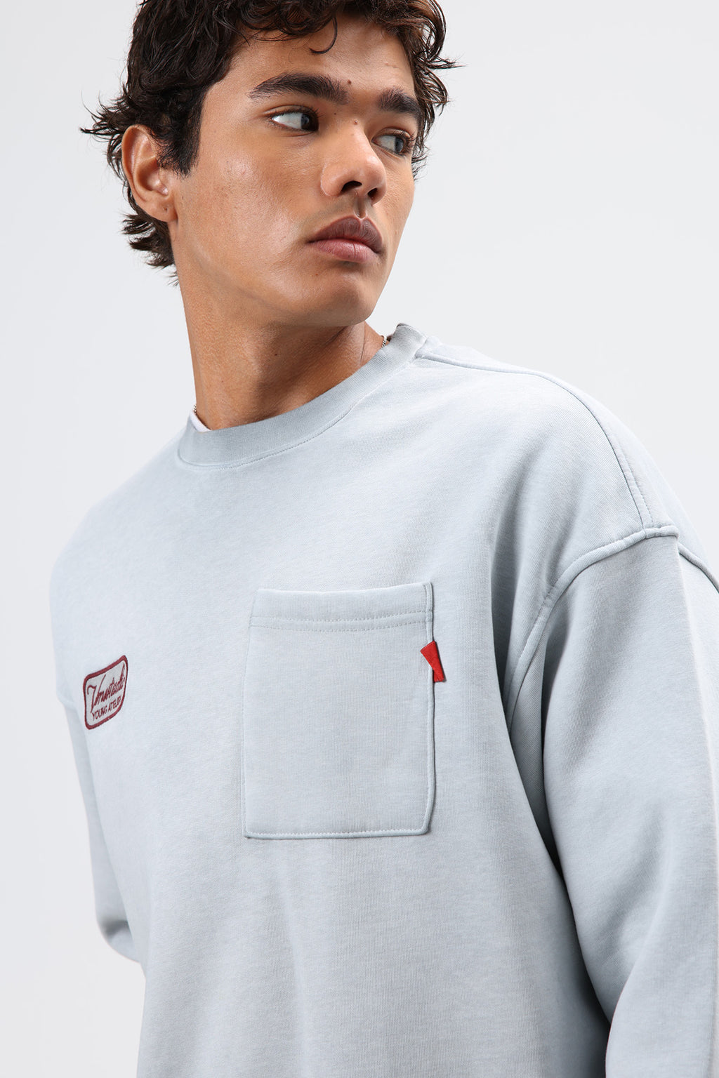 Oversize Bisiklet Yaka Cepli Sweatshirt Gri