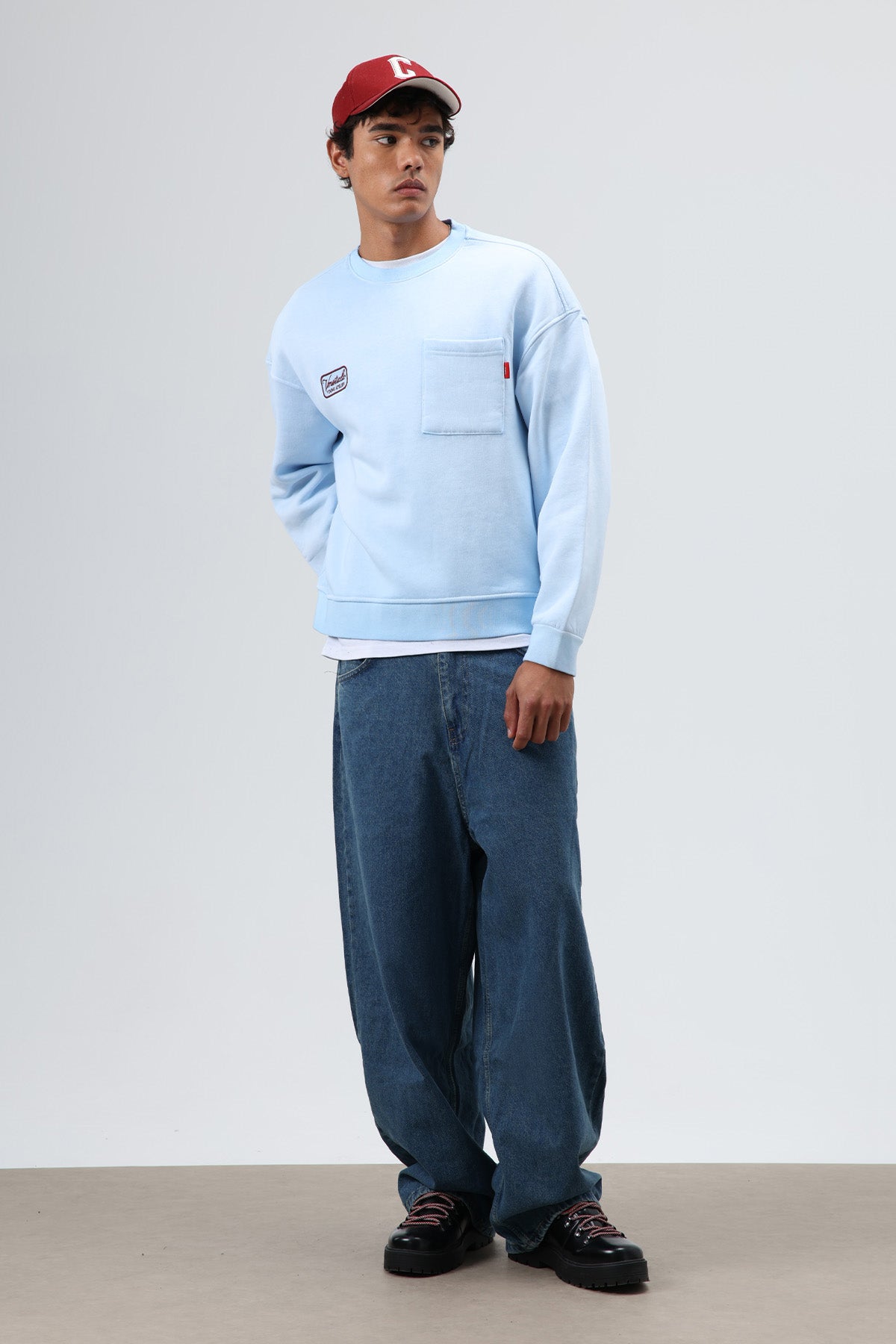 Oversize Bisiklet Yaka Cepli Sweatshirt Bebe Mavi