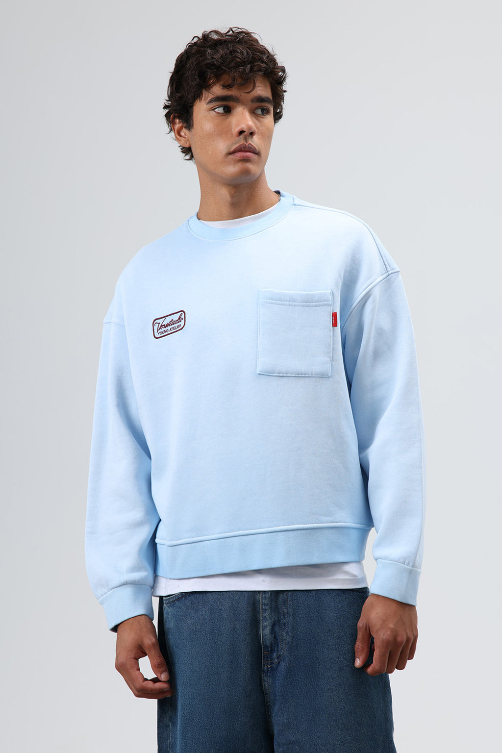 Oversize Bisiklet Yaka Cepli Sweatshirt Bebe Mavi