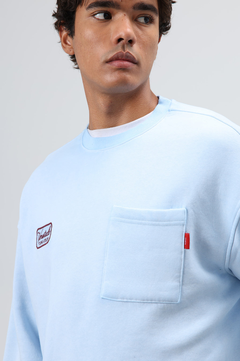 Oversize Bisiklet Yaka Cepli Sweatshirt Bebe Mavi