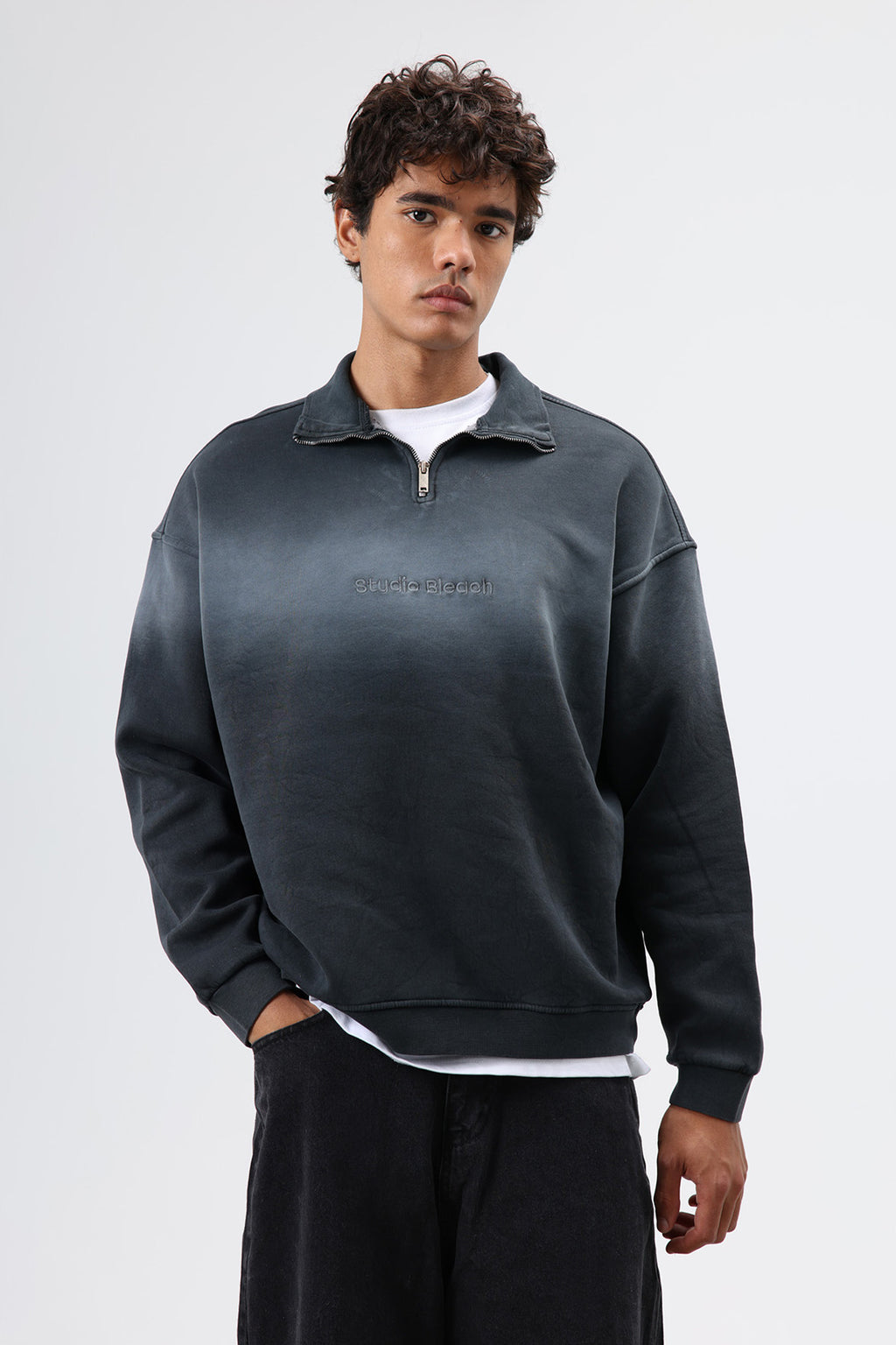 Yaka Fermuarlı Oversize Sweatshirt Siyah