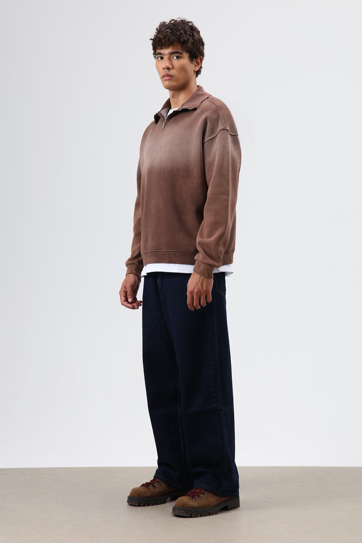 Yaka Fermuarlı Oversize Sweatshirt Kahve