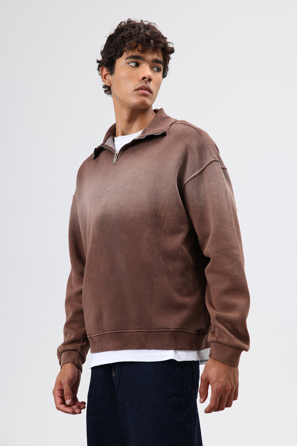 Yaka Fermuarlı Oversize Sweatshirt Kahve